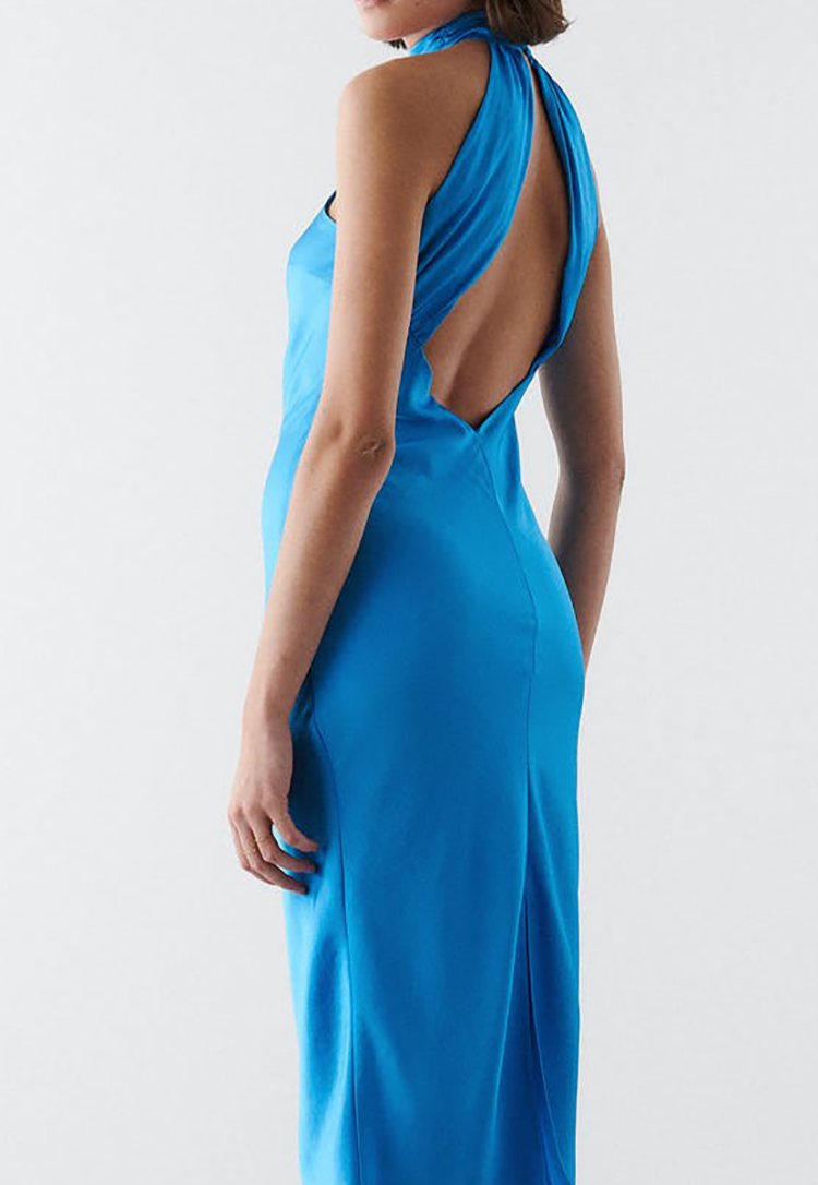 Elegant blå maxi kjole i silke look