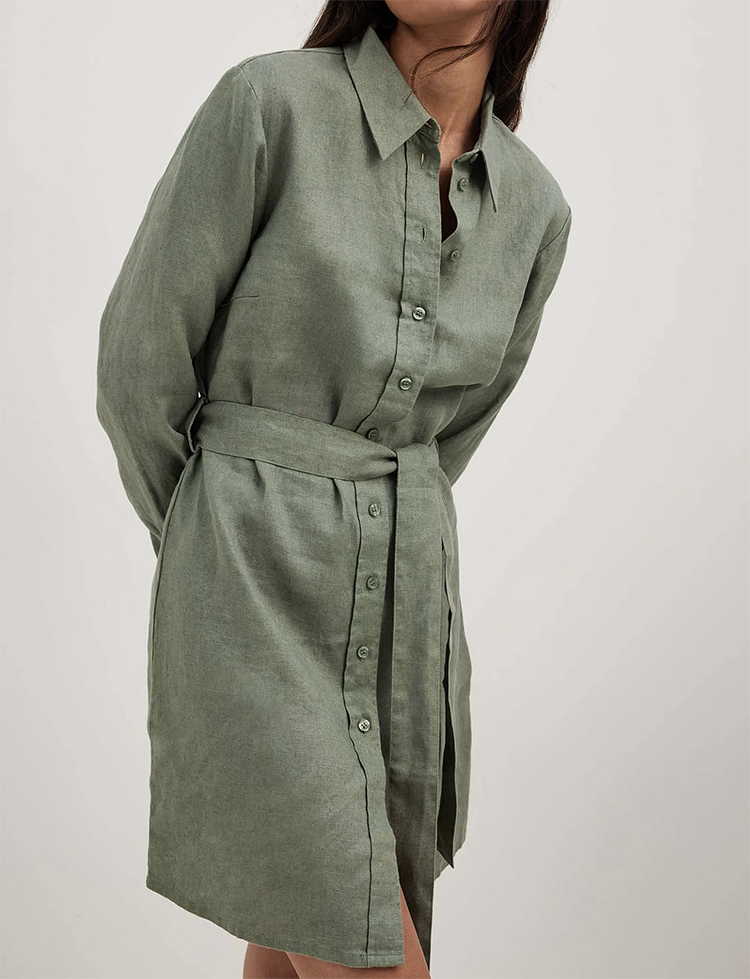 Olivengrønt Shirt-Kjole Med Bælte i lækker hør