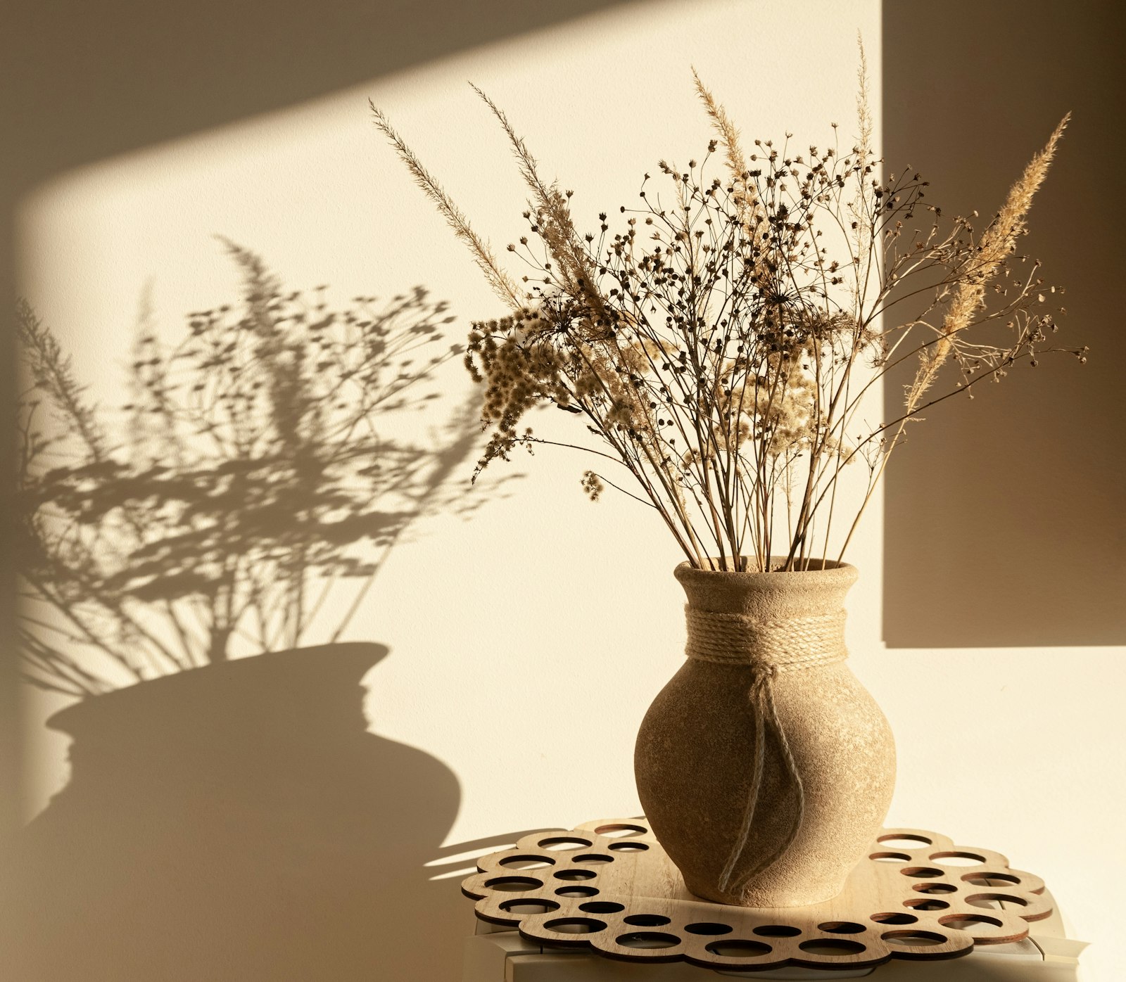 Keramikvase med tørrede blomster i varmt sollys