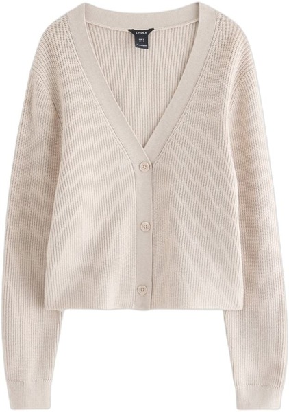 Beige cardigan med V-hals og boxy pasform fra Lindex
