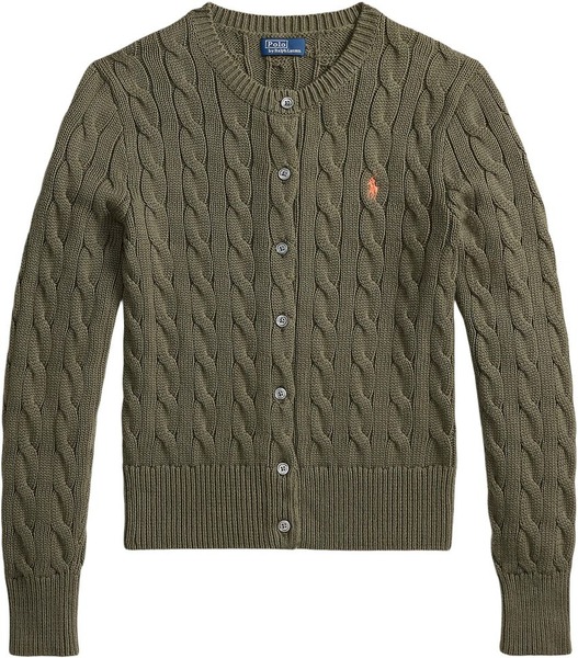 Olivengrøn kabelstrikket cardigan i bomuld fra Polo Ralph Lauren