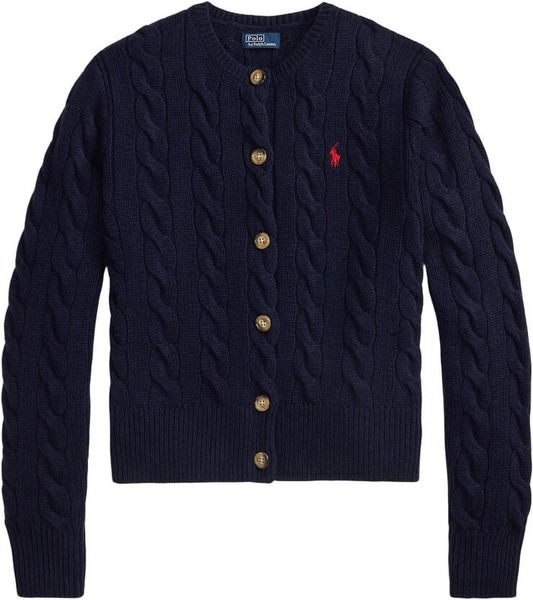 Marineblå kabelstrikket cardigan i uld og cashmere fra Polo Ralph Lauren