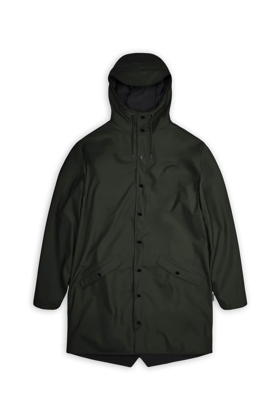 Lang grøn Long Jacket-regnjakke fra Rains