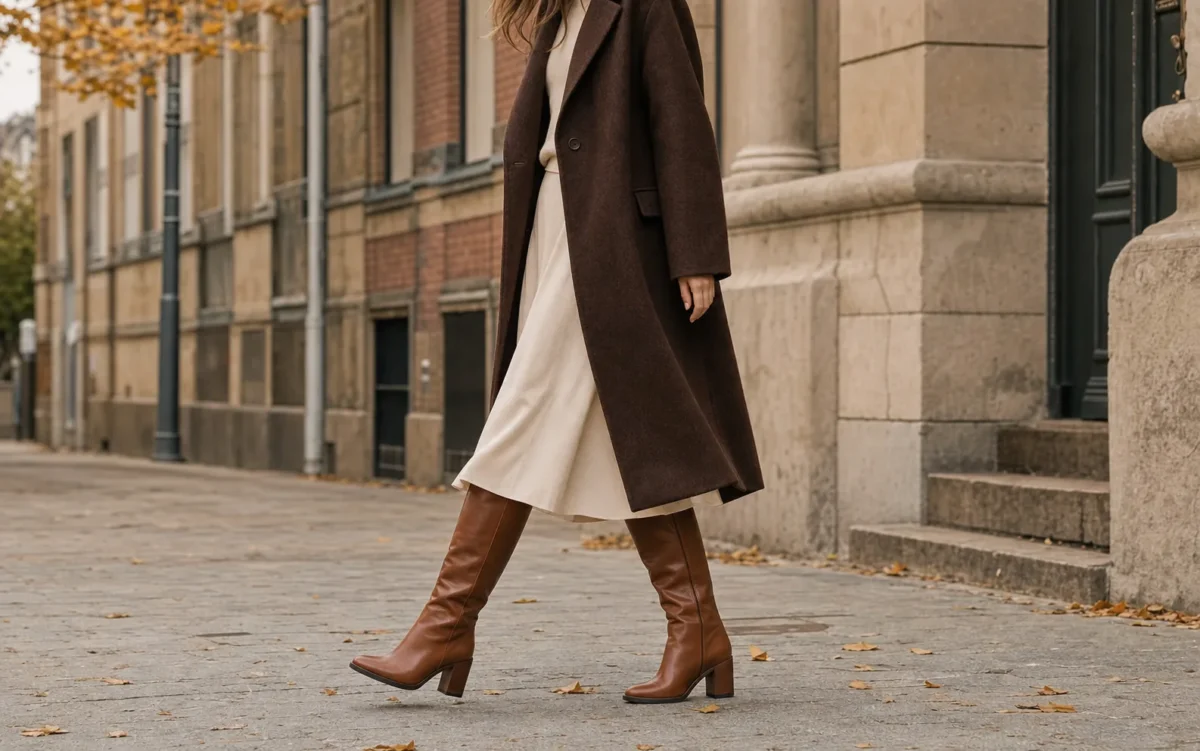 Kvinde i efterårsoutfit med brune støvler
