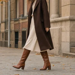 Kvinde i efterårsoutfit med brune støvler