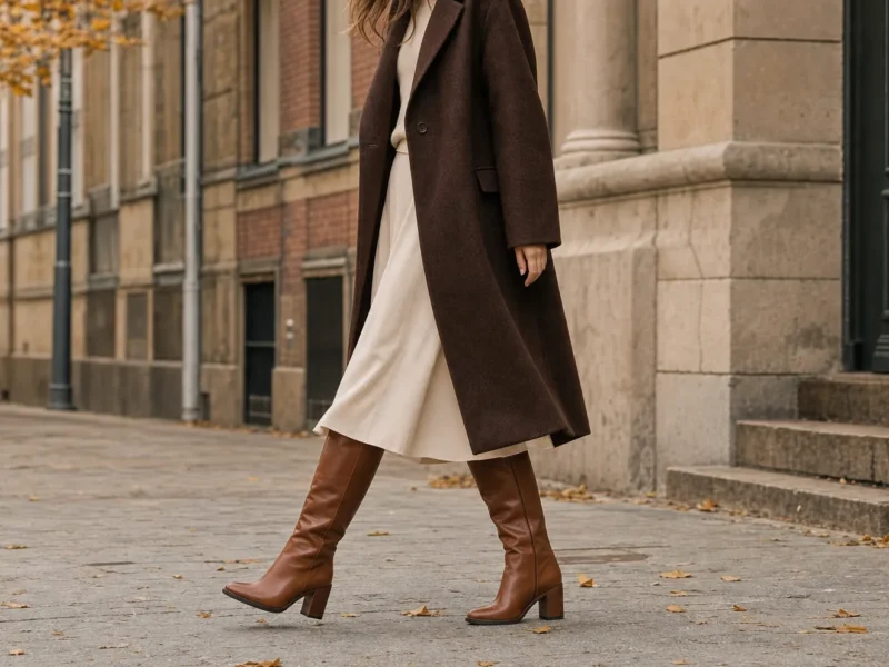 Kvinde i efterårsoutfit med brune støvler