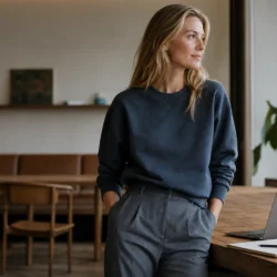 Kvinde i mørkeblå sweatshirt og pæne bukser ved et arbejdsbord