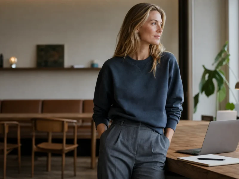 Kvinde i mørkeblå sweatshirt og pæne bukser ved et arbejdsbord