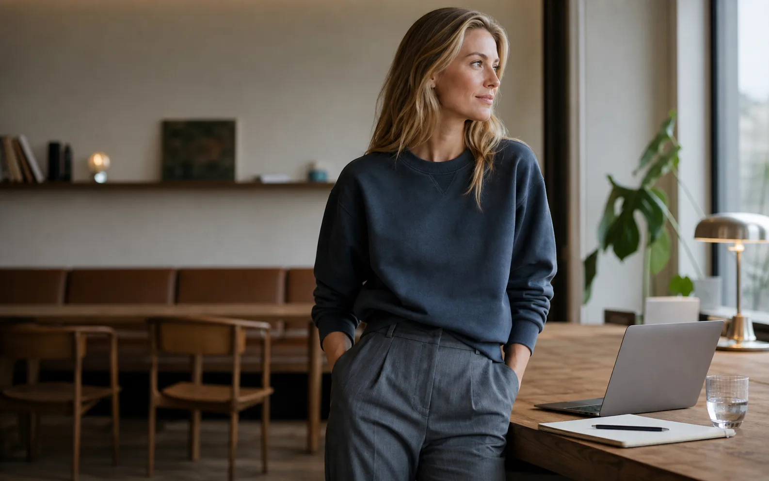 Kvinde i mørkeblå sweatshirt og pæne bukser ved et arbejdsbord