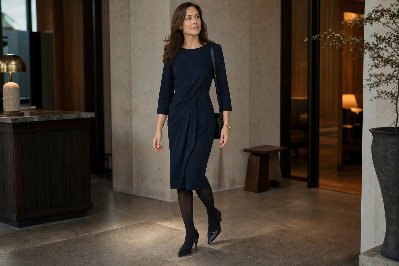 Kvinde i marineblå kjole og sorte strømpebukser på vej gennem en elegant lobby