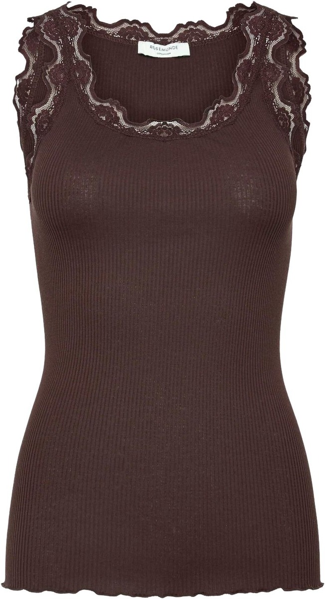 Brun ribbet silketop med vintageblonde fra Rosemunde
