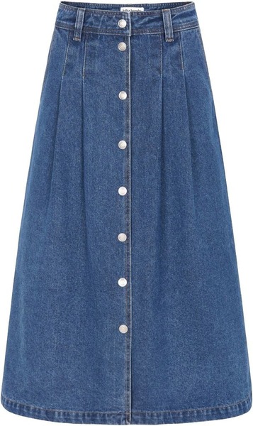 Mørkeblå denim-midi-nederdel med sølvknapper fra Lollys Laundry