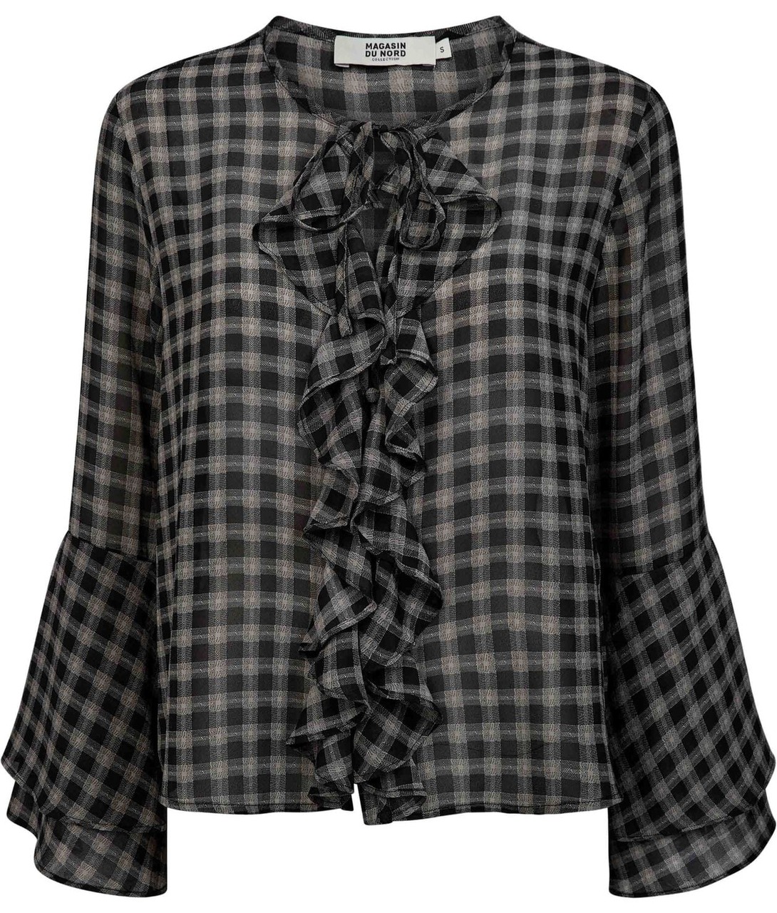 Sortternet Signe-bluse med flæser og bindebånd