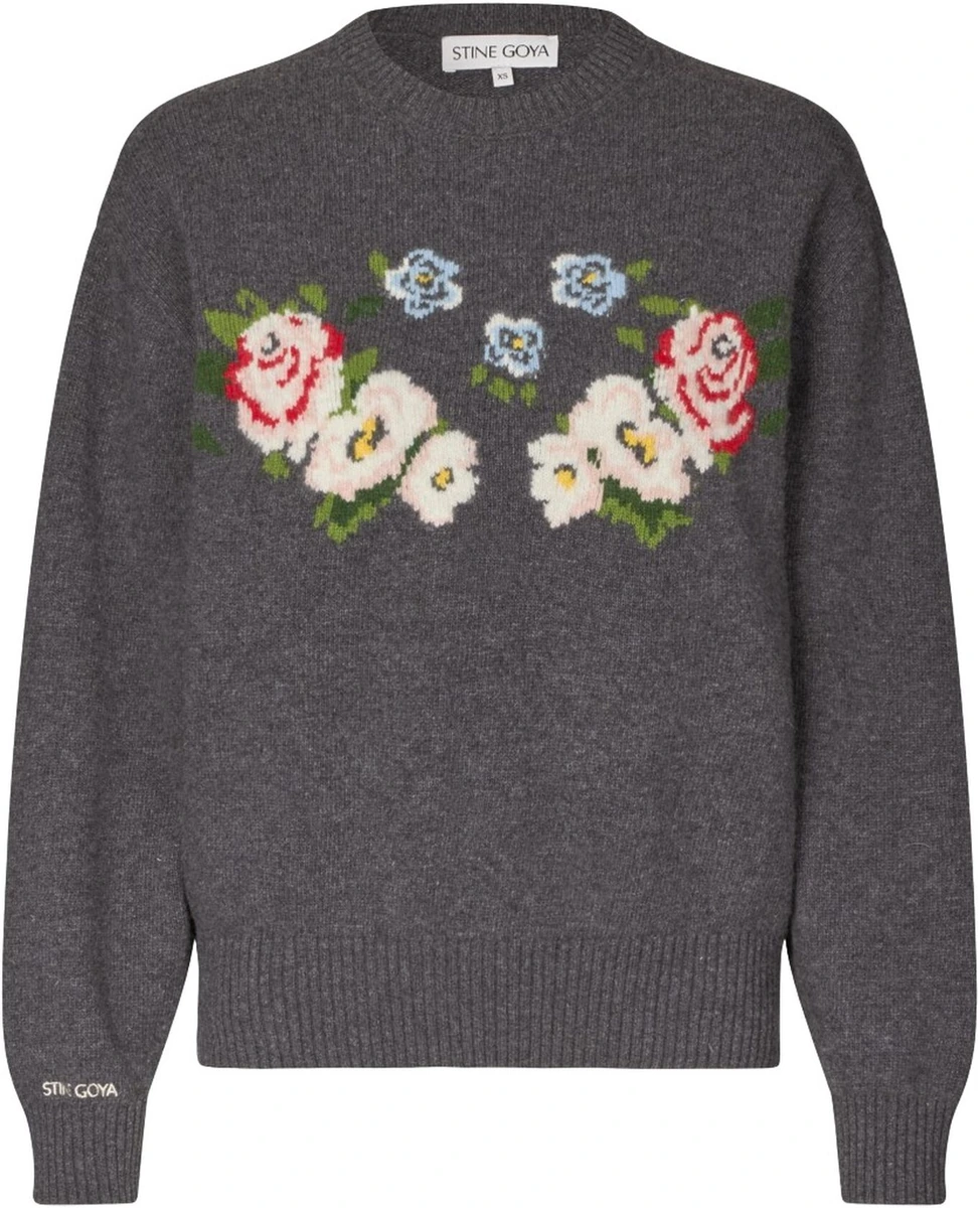 Grå blomstret uldstrik med intarsia fra Stine Goya