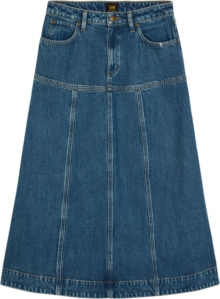 Blå femlommet denim-midi-nederdel med panelsømme fra Lee