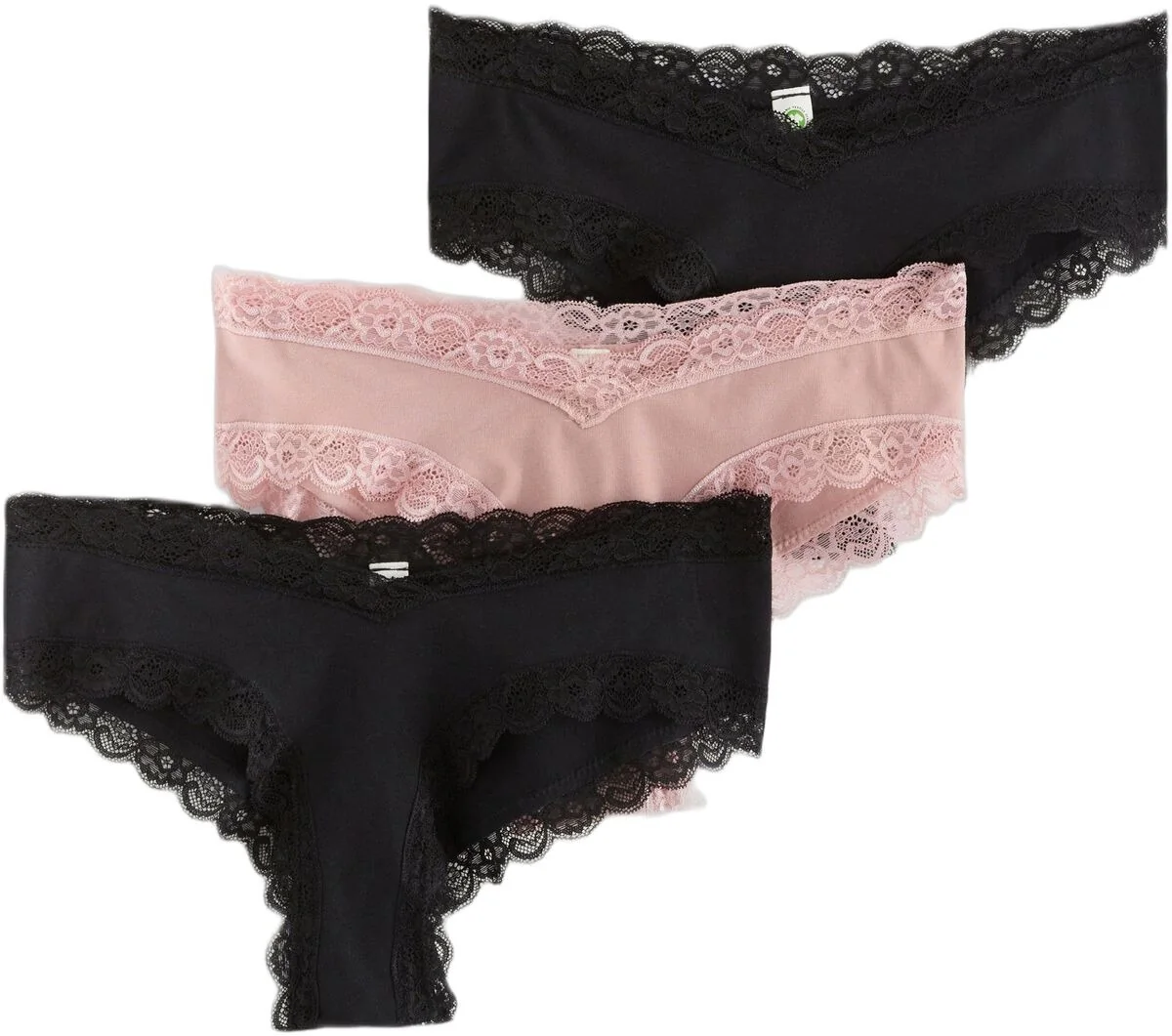 Tre Lindex MOM Brazilian trusser i sort og støvet rosa med blondekanter