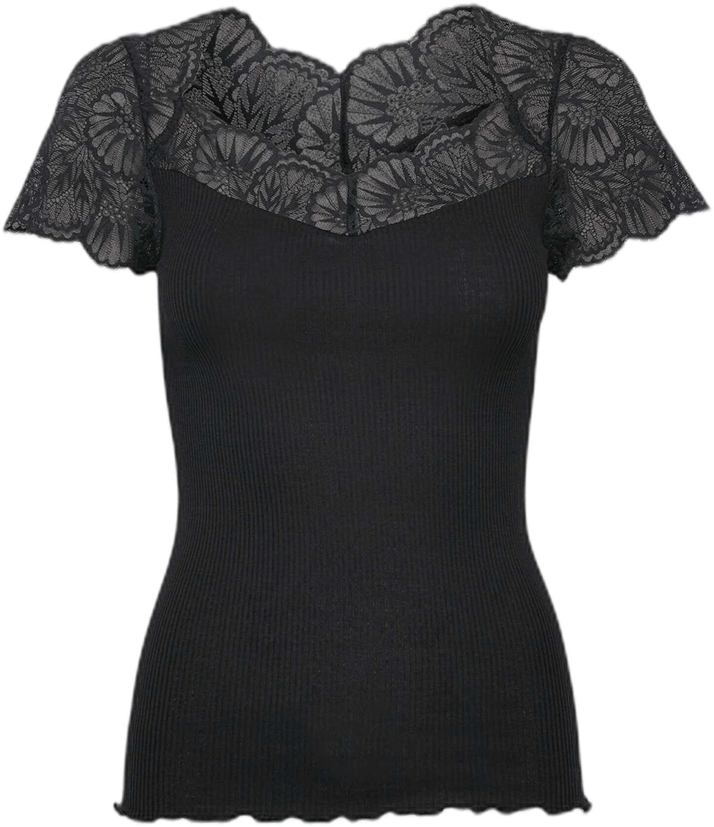 Sort RWBeatha silke-T-shirt med blondekant fra Rosemunde