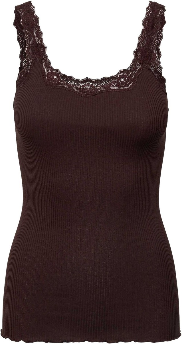 Bordeaux ribbet silketop med blonde og dyb ryg fra Rosemunde