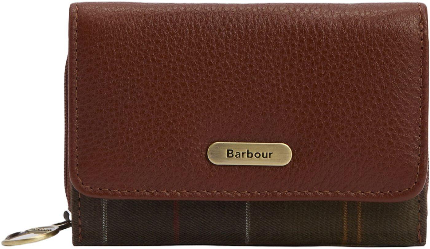 Brun læderpung med tartandetalje fra Barbour