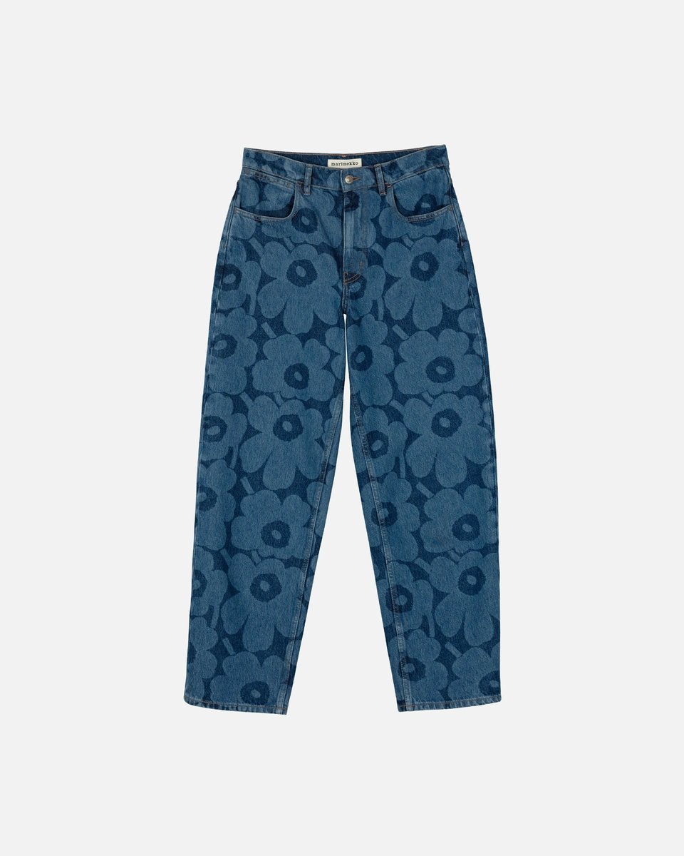 Blå Unikko-printede MARIDENIM barrel jeans fra Marimekko