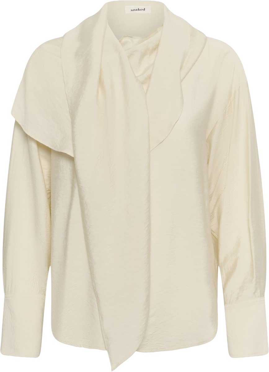 Cremehvid langærmet festbluse med scarfdetalje fra Soaked in Luxury