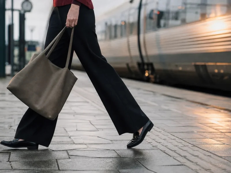Vide sorte arbejdsbukser over sorte loafers på en togperron