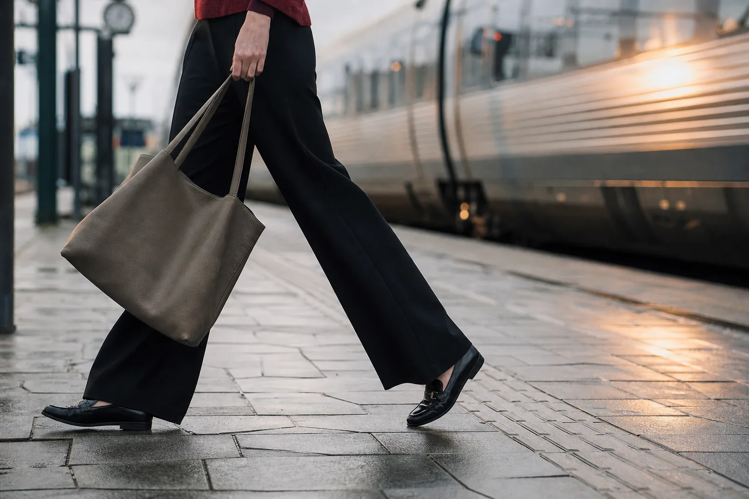 Vide sorte arbejdsbukser over sorte loafers på en togperron