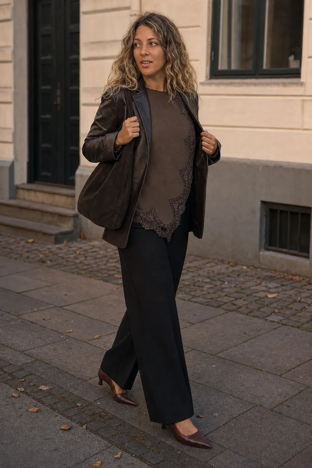 Stylingvisualisering af brun blondetop med læderblazer, sorte bukser og brune pumps