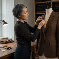 Kvindelig skrædder justerer reverset på en brun blazer i et atelier