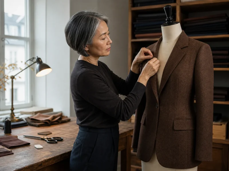 Kvindelig skrædder justerer reverset på en brun blazer i et atelier