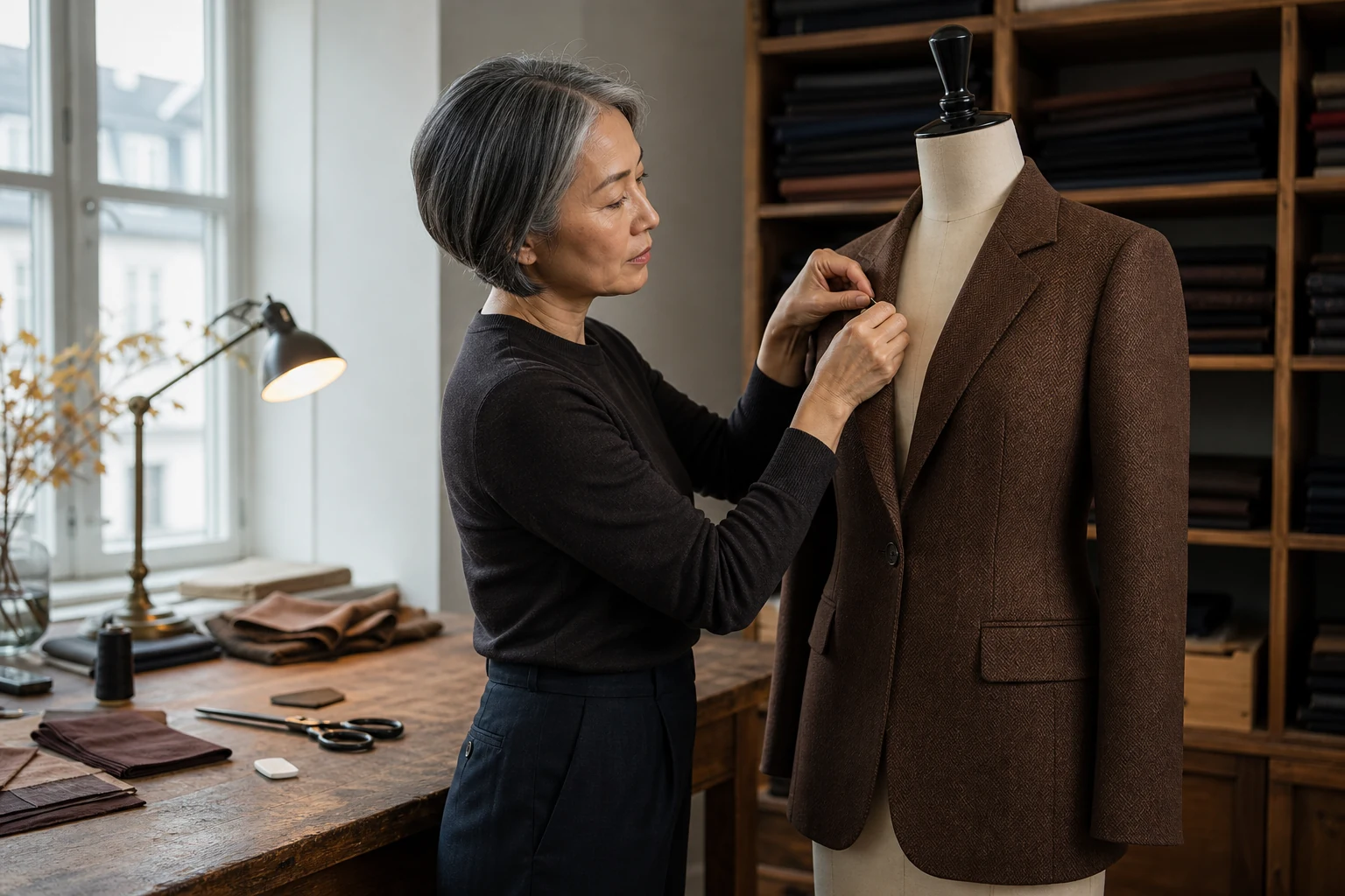 Kvindelig skrædder justerer reverset på en brun blazer i et atelier
