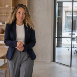 Amalie i marineblå blazer og grå bukser på vej mod et mødelokale