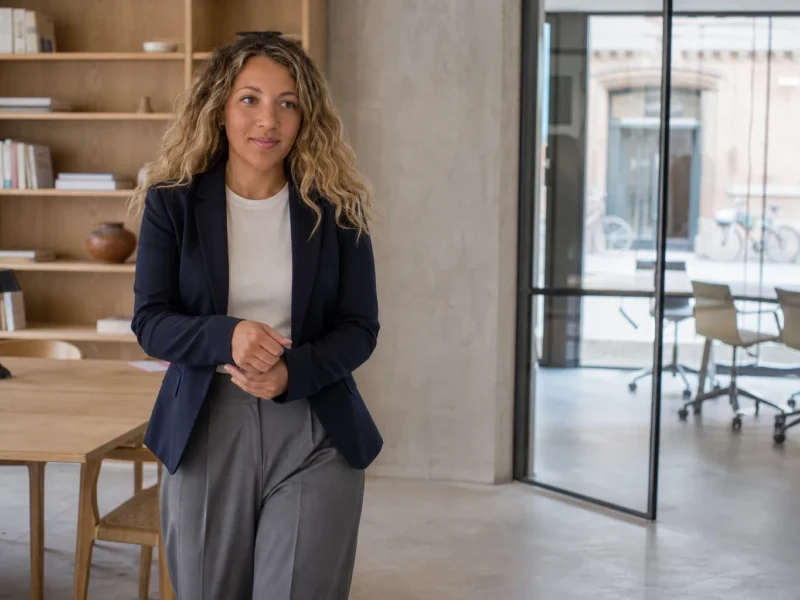 Amalie i marineblå blazer og grå bukser på vej mod et mødelokale