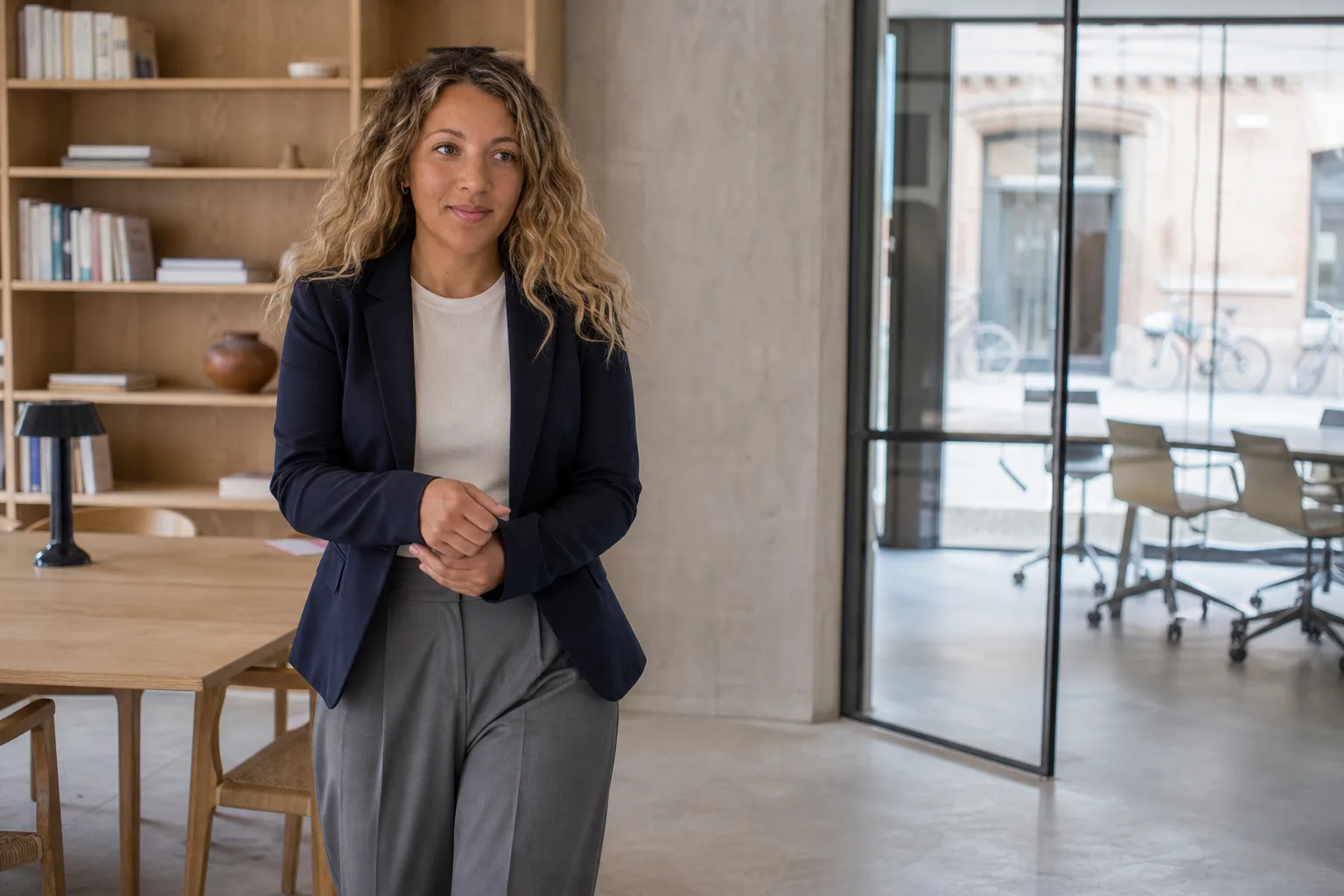 Amalie i marineblå blazer og grå bukser på vej mod et mødelokale