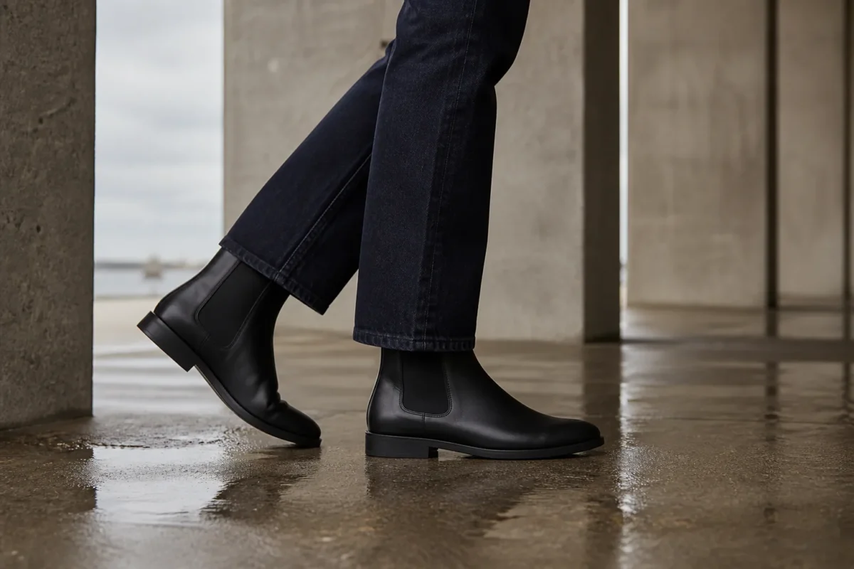 Kvinde i mørkeblå jeans og sorte Chelsea boots i en betonkolonnade efter regn