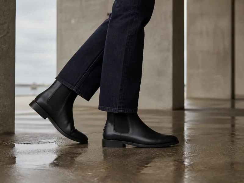 Kvinde i mørkeblå jeans og sorte Chelsea boots i en betonkolonnade efter regn
