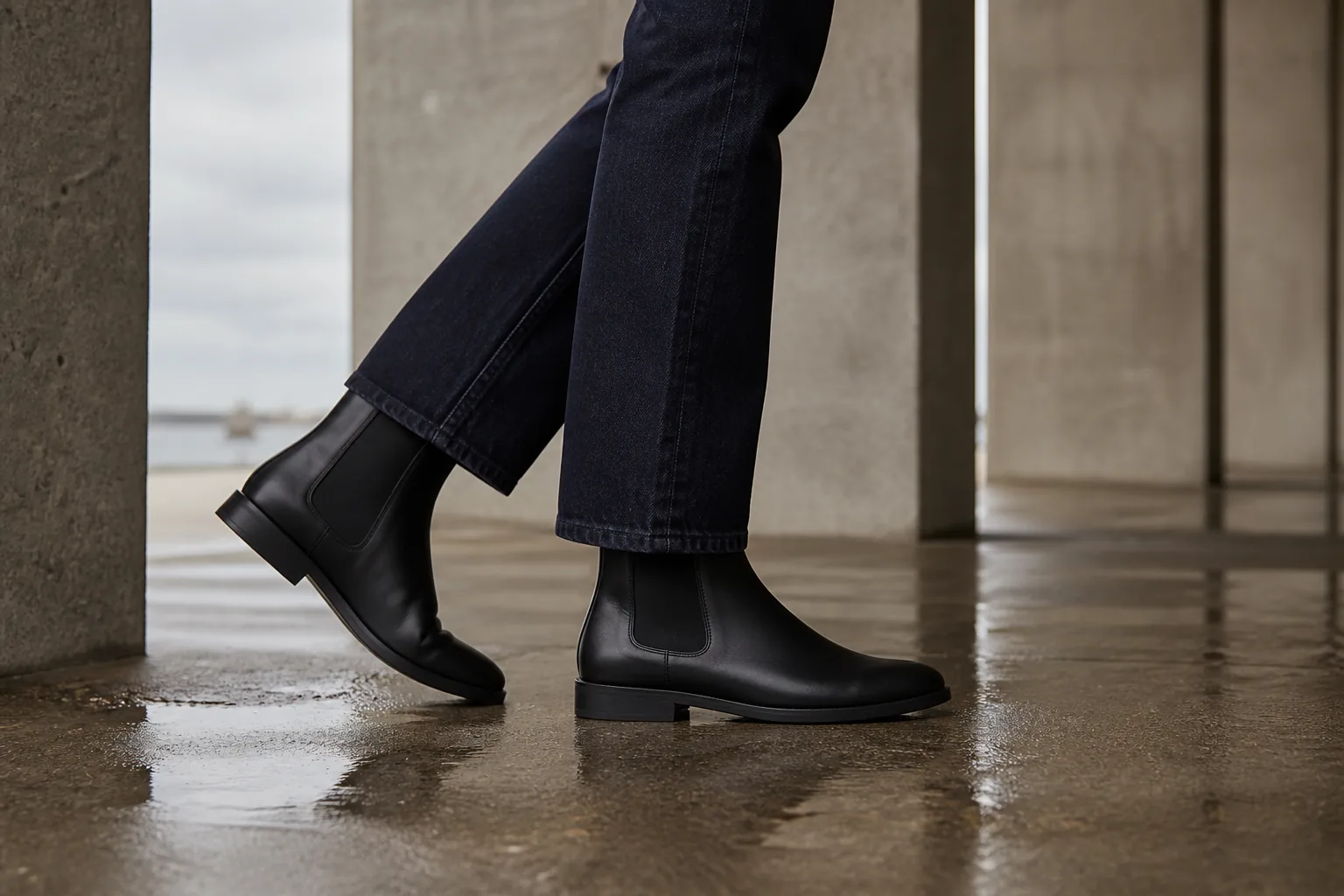 Kvinde i mørkeblå jeans og sorte Chelsea boots i en betonkolonnade efter regn