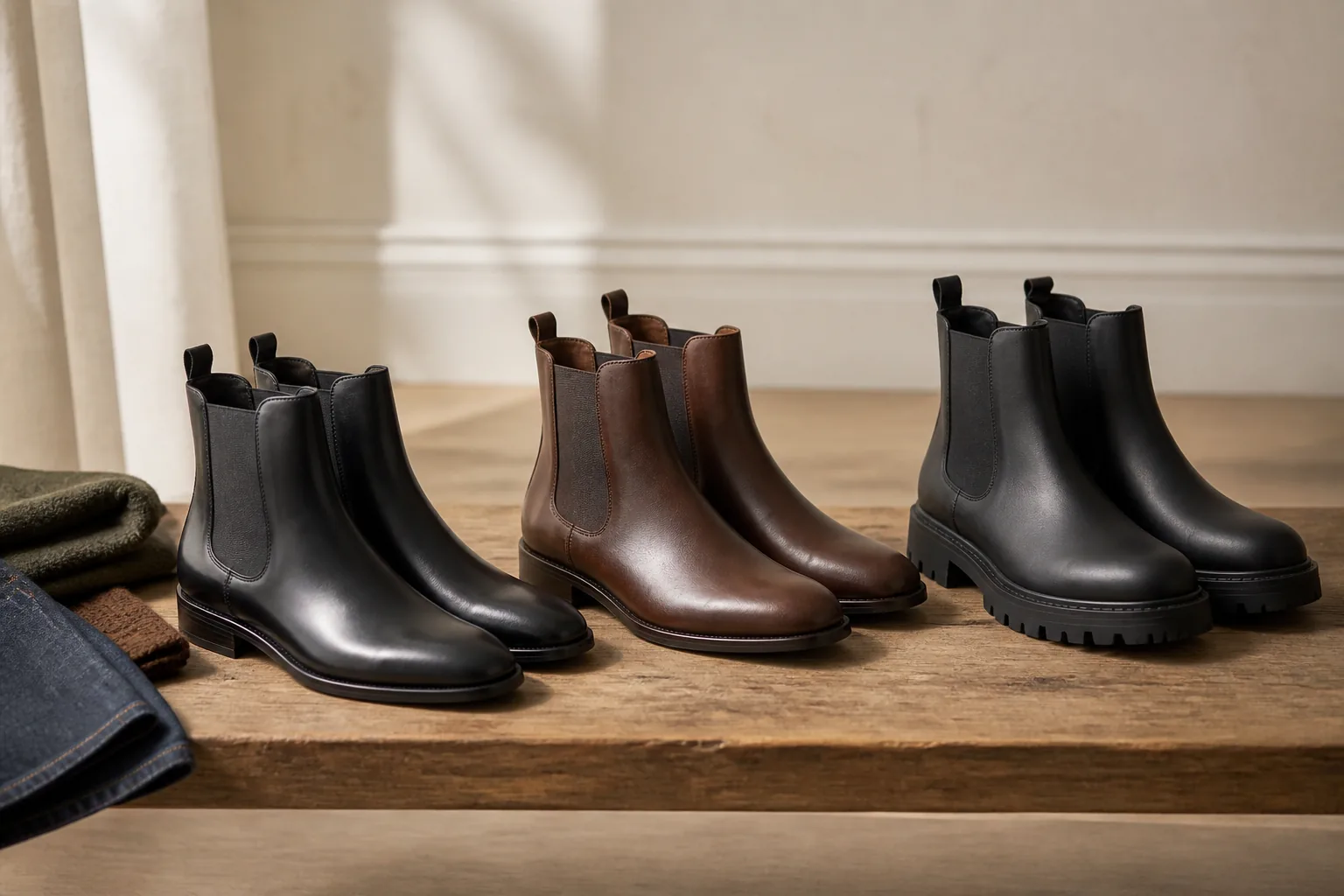 Tre Chelsea boots med slank, klassisk og chunky sål ved mørkeblå jeans og en brun uldfrakke