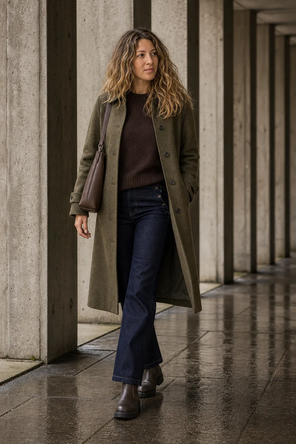 Stylingvisualisering med brune Chelsea boots, mørkeblå jeans, mørkebrun strik, olivengrøn jakke og brun taske