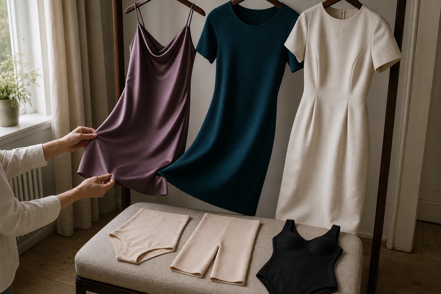 Tre kjoler i satin, ribjersey og vævet stof med forskellige shapewear-formater
