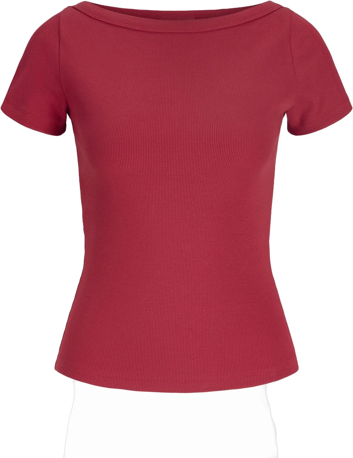 Dybrød ribbet JJXX T-shirt med korte ærmer og bådudskæring