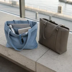 En åben bomuldstote ved siden af en struktureret shopper med lynlås