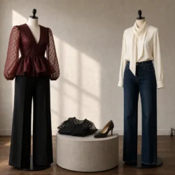 Festtoppe i bordeaux organza og creme stylet med sorte bukser og mørke jeans