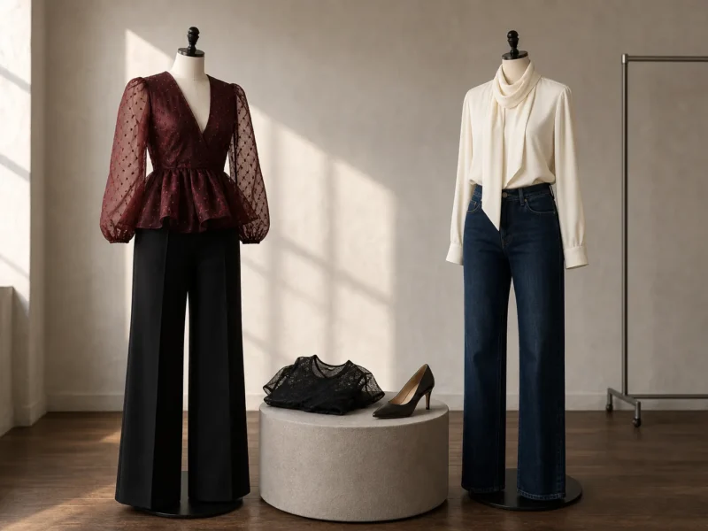 Festtoppe i bordeaux organza og creme stylet med sorte bukser og mørke jeans