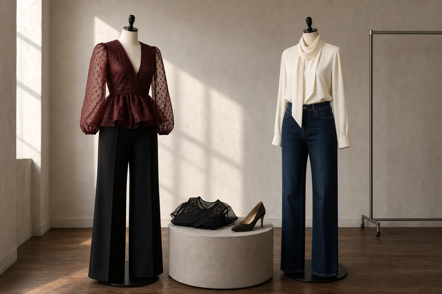 Jeans og sorte bukser lagt frem med festtoppe i blonde, organza og struktureret stof