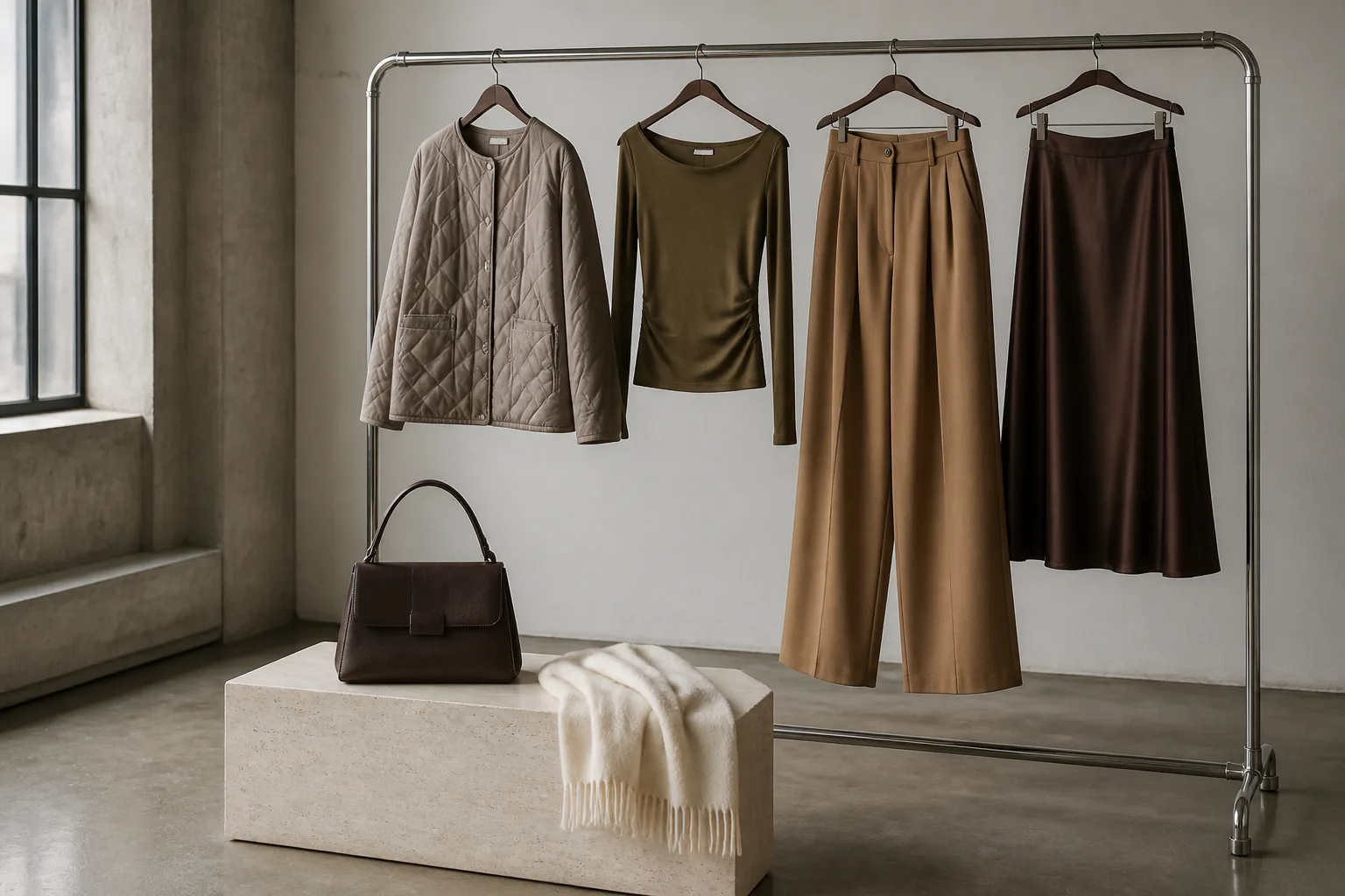 Efterårsgarderobe opdelt i materialefund, formfund og accessories på et tøjstativ