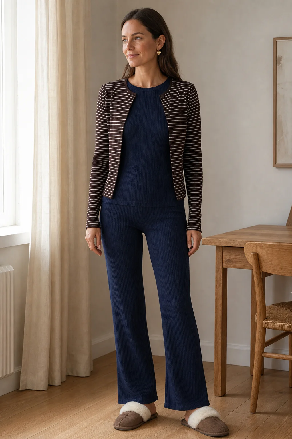 Stylingvisualisering med taupe hjemmesko, marineblåt ribsæt, brunstribet cardigan og små guldhoops