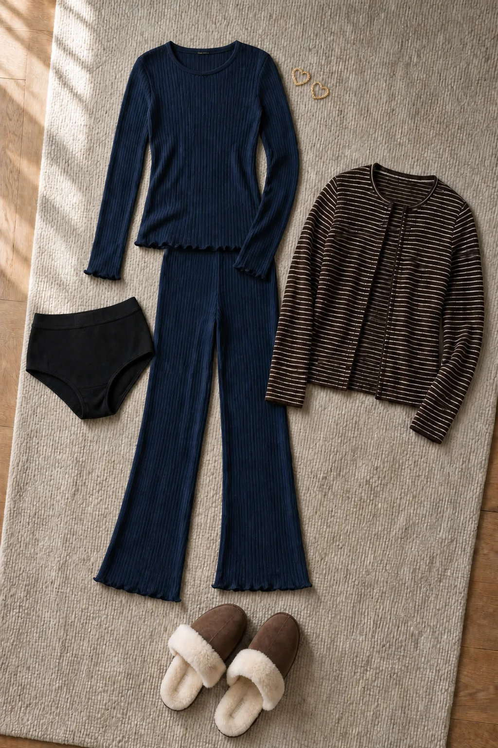 Flatlay med sort bomuldstrusse, marineblåt ribsæt, brunstribet cardigan, taupe hjemmesko og guldhoops