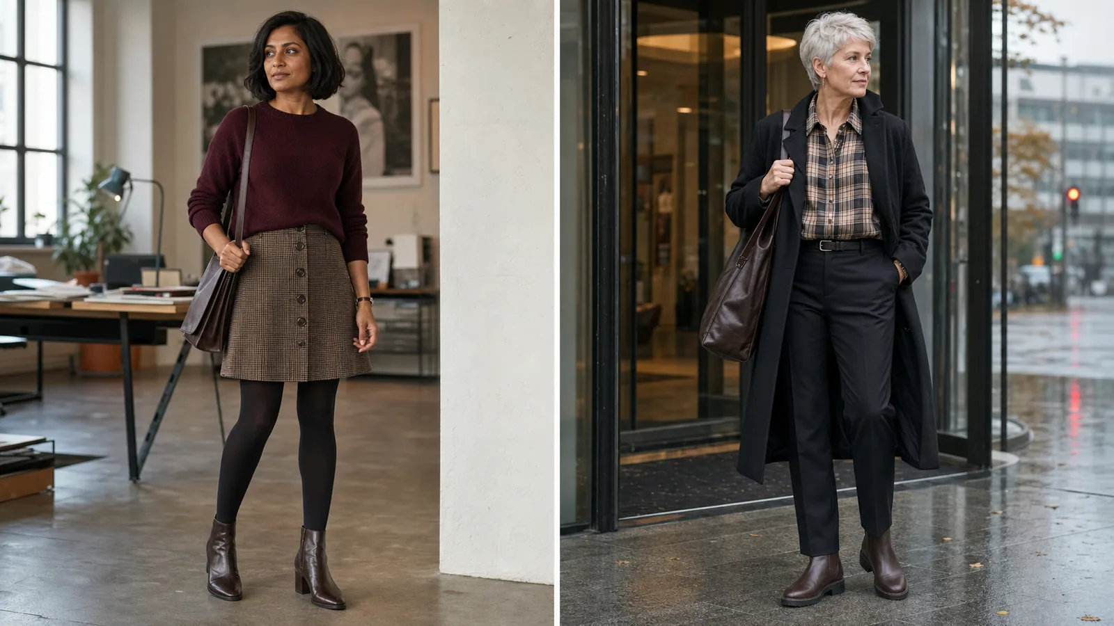 To komplette efterårsoutfits til kontoret med bordeaux strik og ternet nederdel samt flannelskjorte, sorte bukser og lang frakke