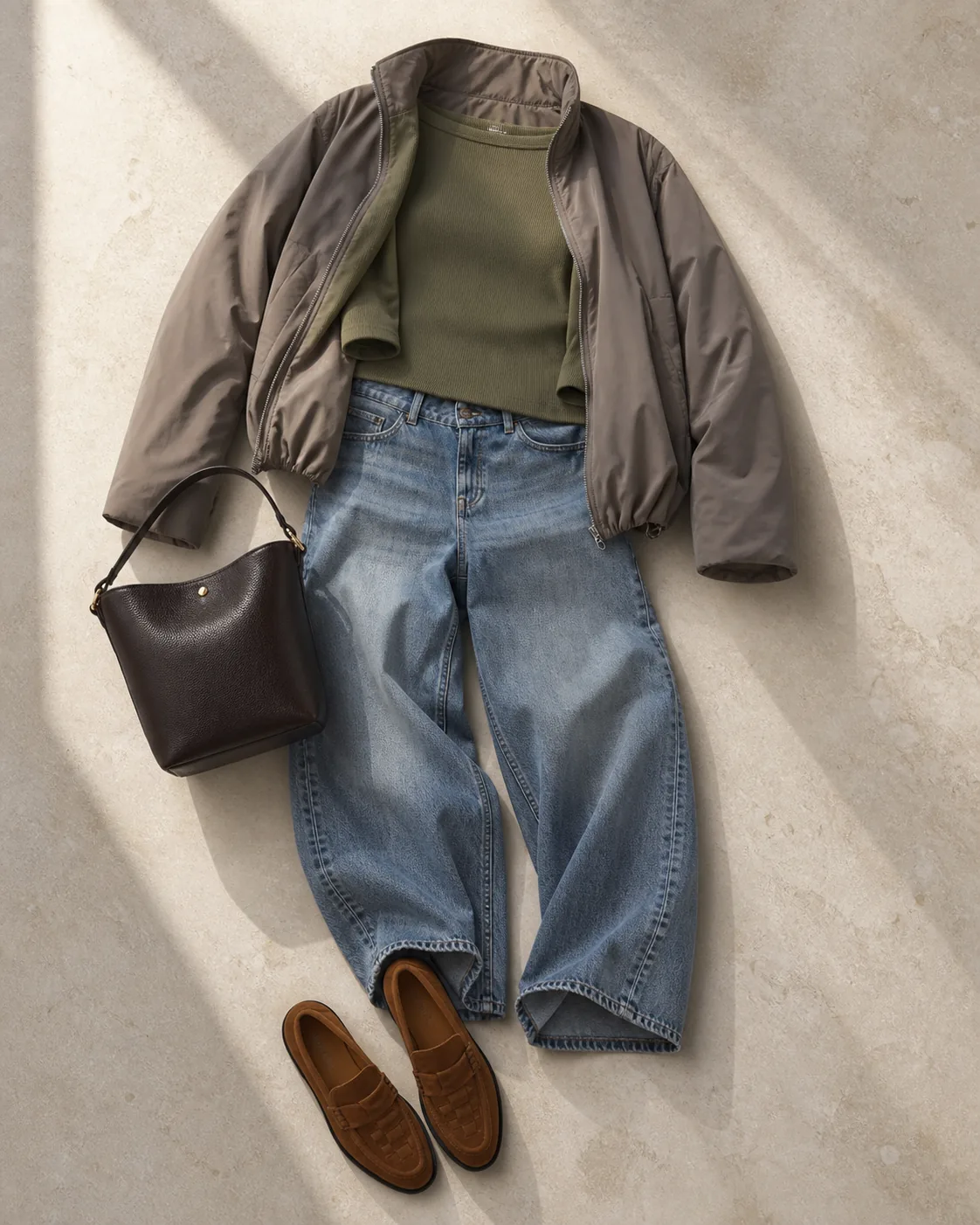 Stylingvisualisering med mellemblå barrel jeans, taupe jakke, olivengrøn top, mørkebrun taske og camel loafers